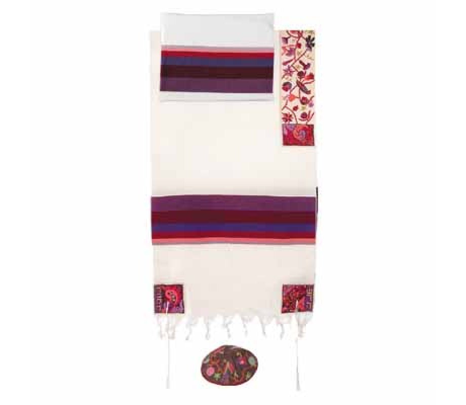 Yair Emanuel Woven Cotton Tallit Set, Hand Embroidered Flowers and Matriarchs