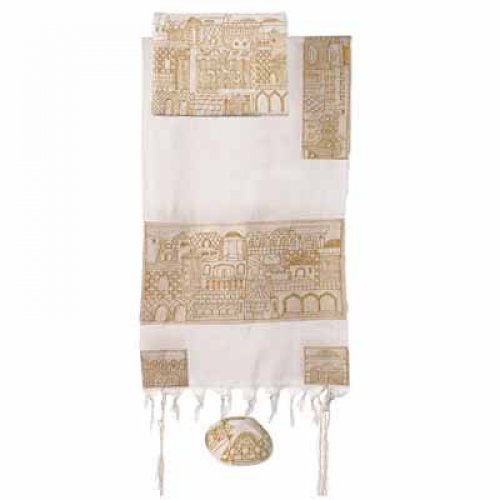 Yair Emanuel Woven Cotton Tallit Set Hand Embroidered Jerusalem Images - Gold