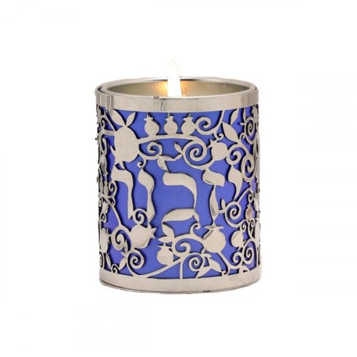 Yair Emanuel Yahrzeit Memorial Candle Holder, Yizkor & Pomegranates Cutout  Blue