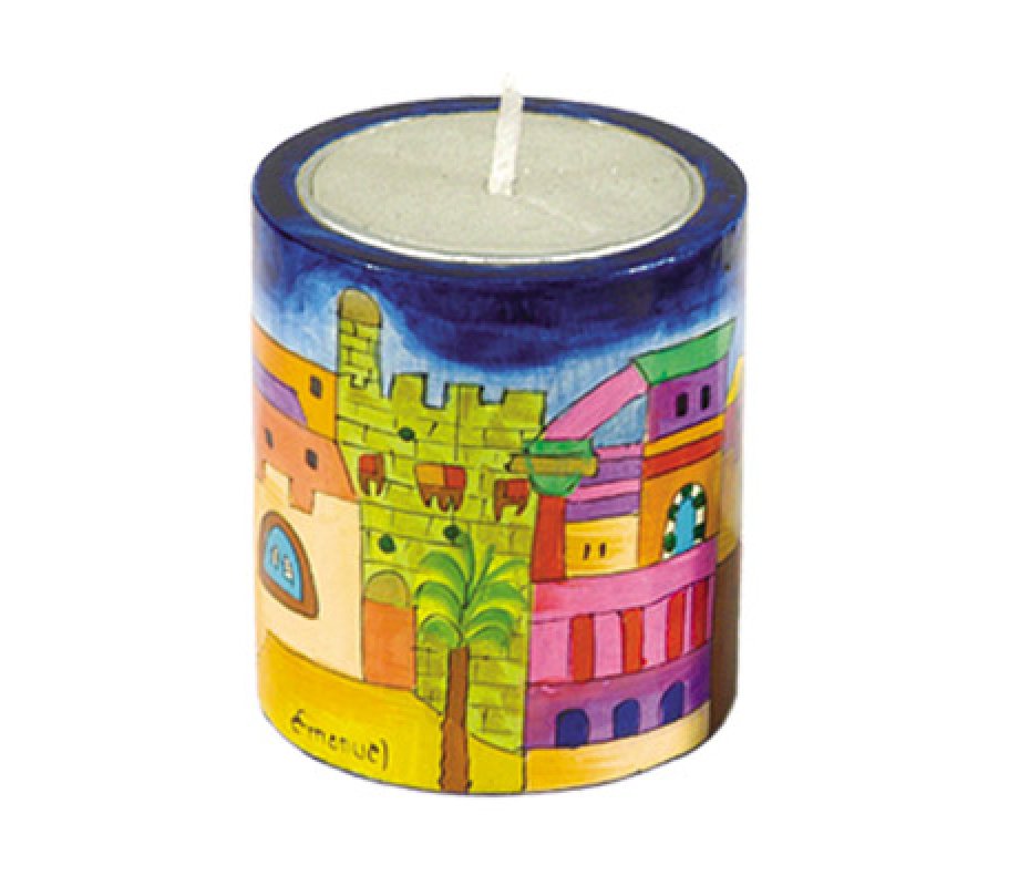 Yair Emanuel Yahrzeit Memorial Hand Painted Wood Candle Holder - Jerusalem