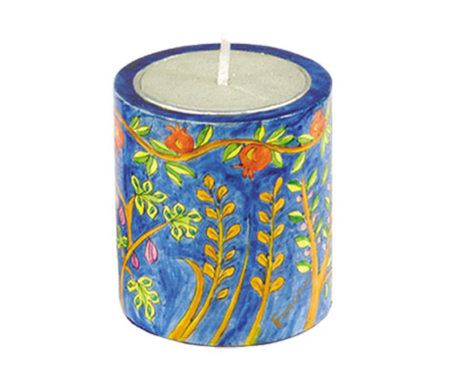 Yair Emanuel Yahrzeit Memorial Hand Painted Wood Candle Holder - Seven Species
