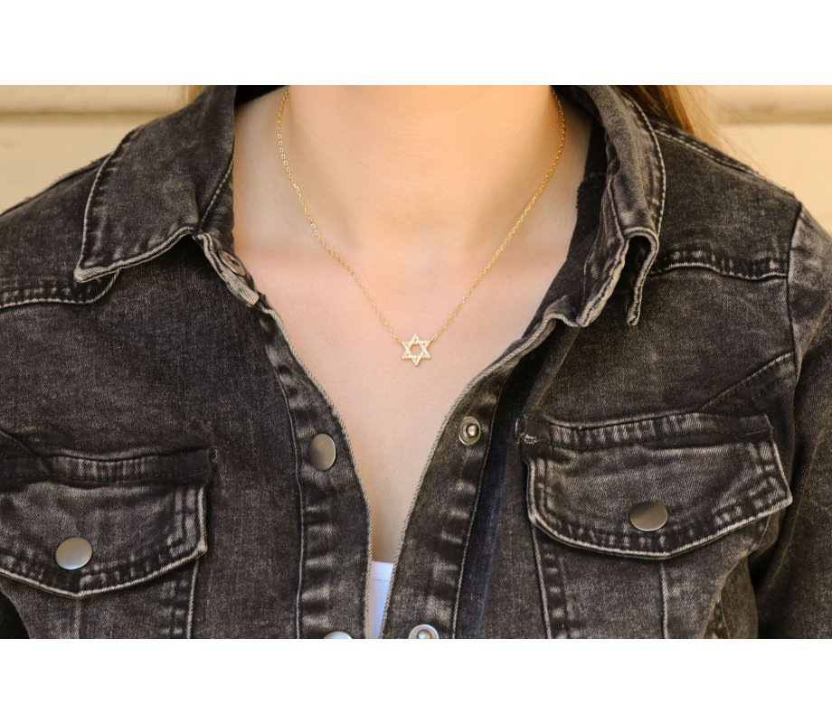 Yellow Gold Plated Sterling Silver Necklace - Star of David with Zircons Pendant