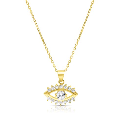 Yellow Gold Plated Sterling Silver Necklace, Zircons - Evil Eye Charm Pendant