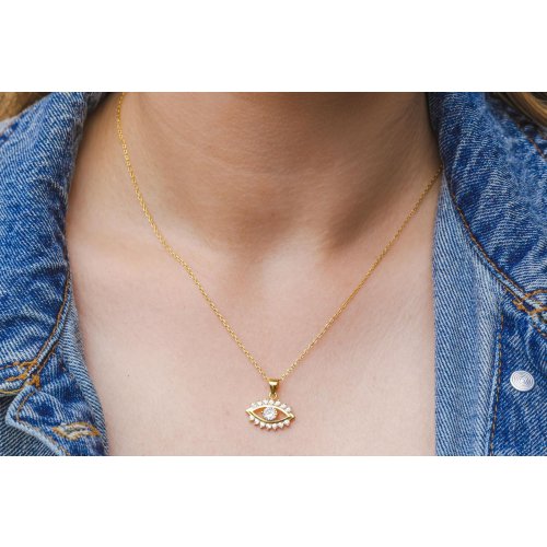 Yellow Gold Plated Sterling Silver Necklace, Zircons - Evil Eye Charm Pendant