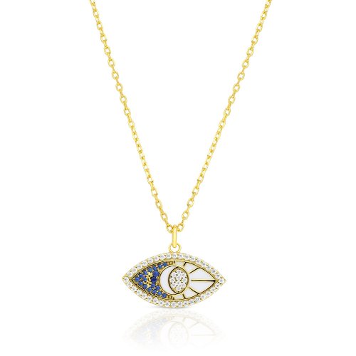 Yellow Gold Plated Sterling Silver Necklace, Zircons - Evil Eye Pendant on Enamel