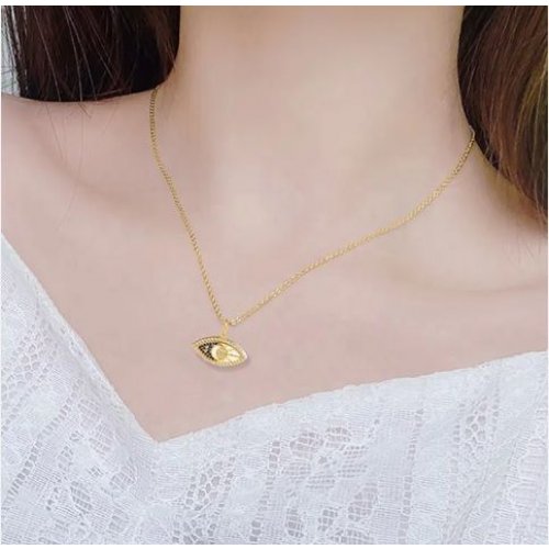 Yellow Gold Plated Sterling Silver Necklace, Zircons - Evil Eye Pendant on Enamel