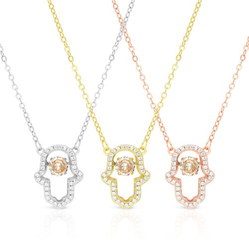 Yellow-Gold Plated Sterling Silver Necklace with Hamsa Pendant, Zircon Decorated