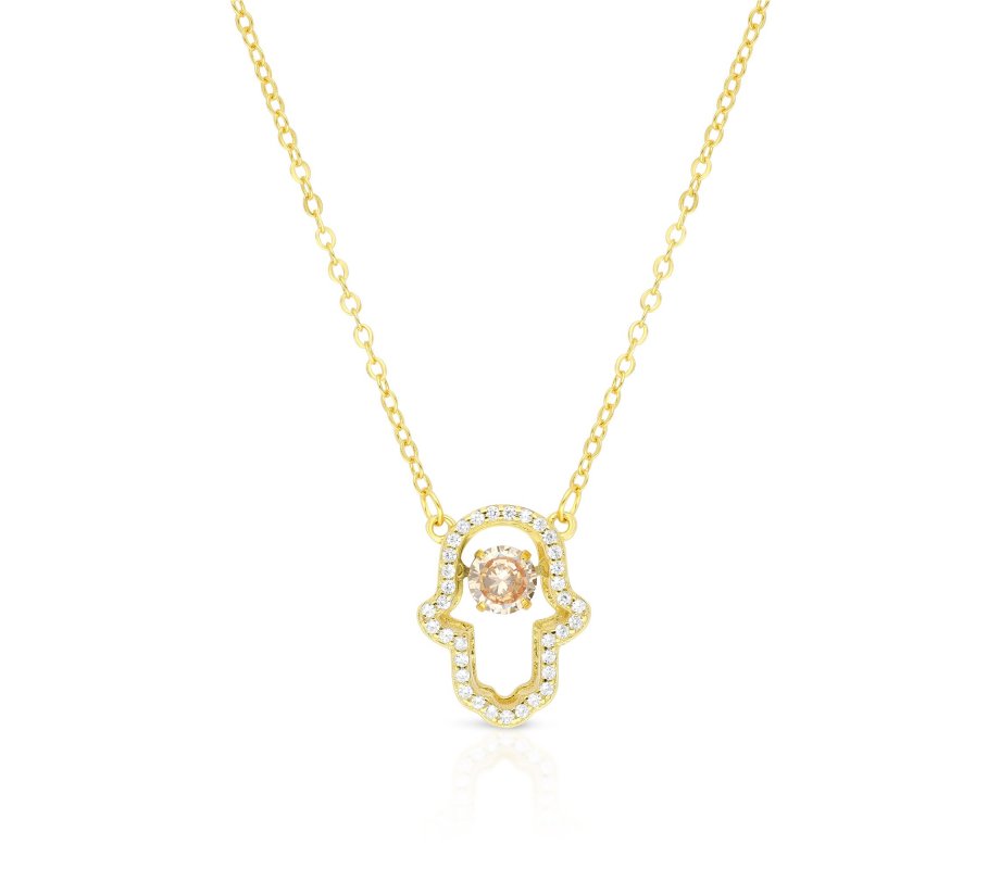 Yellow-Gold Plated Sterling Silver Necklace with Hamsa Pendant, Zircon Decorated