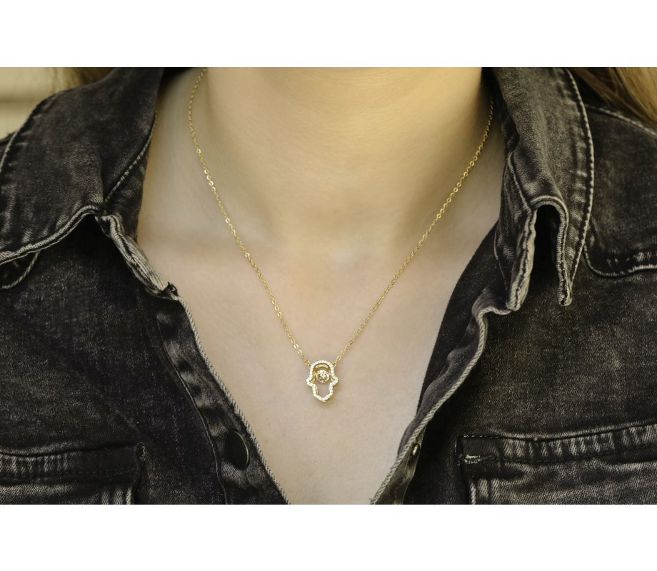 Yellow-Gold Plated Sterling Silver Necklace with Hamsa Pendant, Zircon Decorated