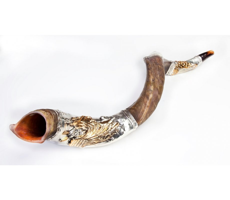 Yemenite Shofar, Decorative Silver Plate - Moses and Ten Commandments