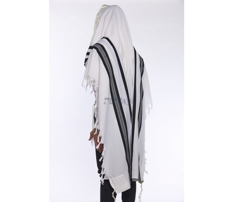 Yishtabach Praise Wool Tallit Non Slip Prayer Shawl - Black Stripes