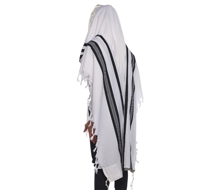 Yishtabach Praise Wool Tallit Non Slip Prayer Shawl - Black Stripes
