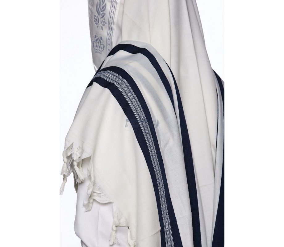Yishtabach Praise Wool Tallit Non Slip Prayer Shawl - Dark Navy Stripes