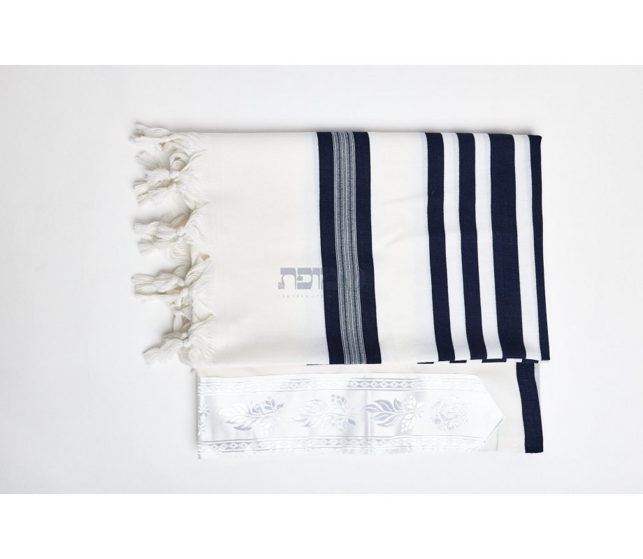 Yishtabach Praise Wool Tallit Non Slip Prayer Shawl - Dark Navy Stripes