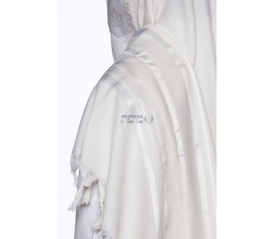 Yishtabach Praise Wool Tallit Non Slip Prayer Shawl - Shiny White Stripes