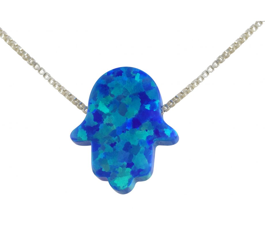 aJudaica Blue Opal Hamsa Pendant Necklace