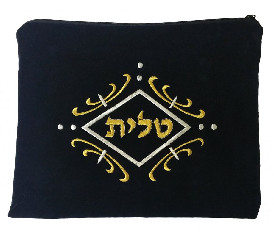 aJudaica Dark Blue Velvet Tallit & Tefillin Bags-gold and white swirl design