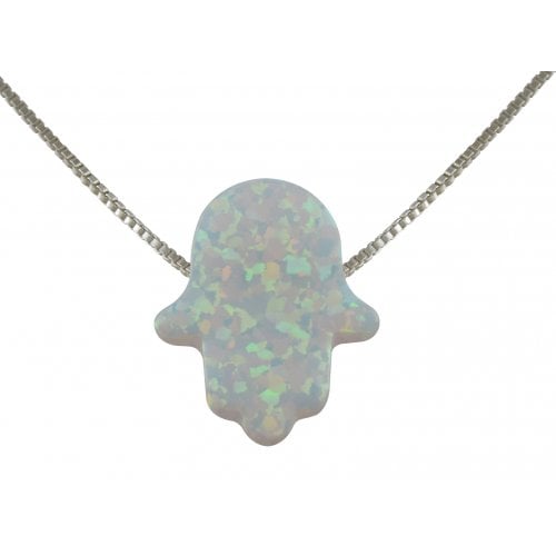 aJudaica White Opal Hamsa Hand Necklace