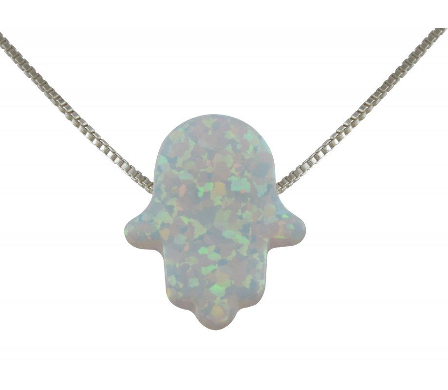 aJudaica White Opal Hamsa Hand Necklace